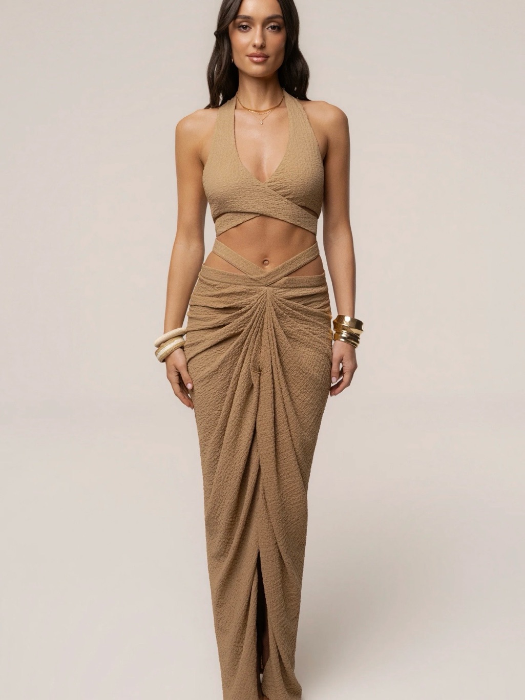 Nwt Jluxlabel Tan Textured Maxi Skirt With Draped Front